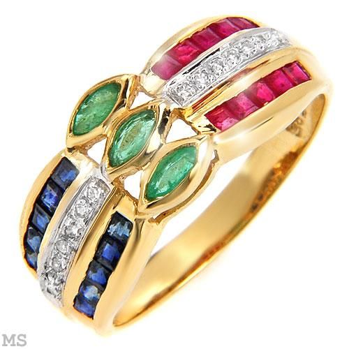 Rubin/Safir/Smaragd/Diamant ring i 14 Karat Guld.
